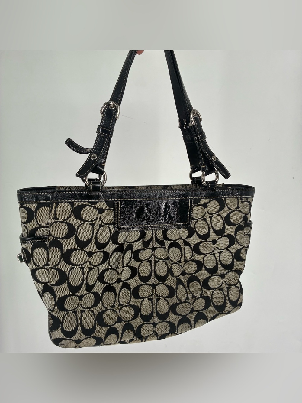 Coach Black Gray Medium Signature Shoulder Handbag Purse Logo AOP Y2K Vintage